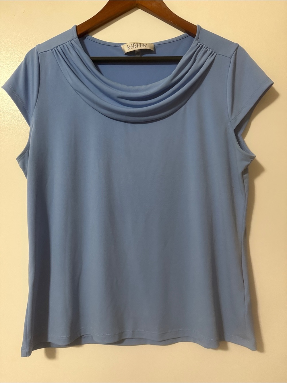 Kasper Women's Sky Blue Draped Cowl Short Sleeve Top